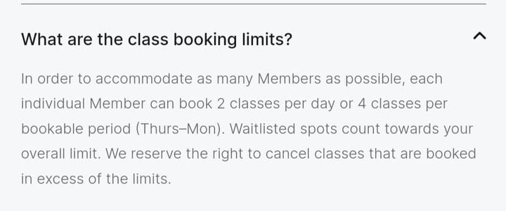 Class booking limits section of Peloton Studios FAQ.