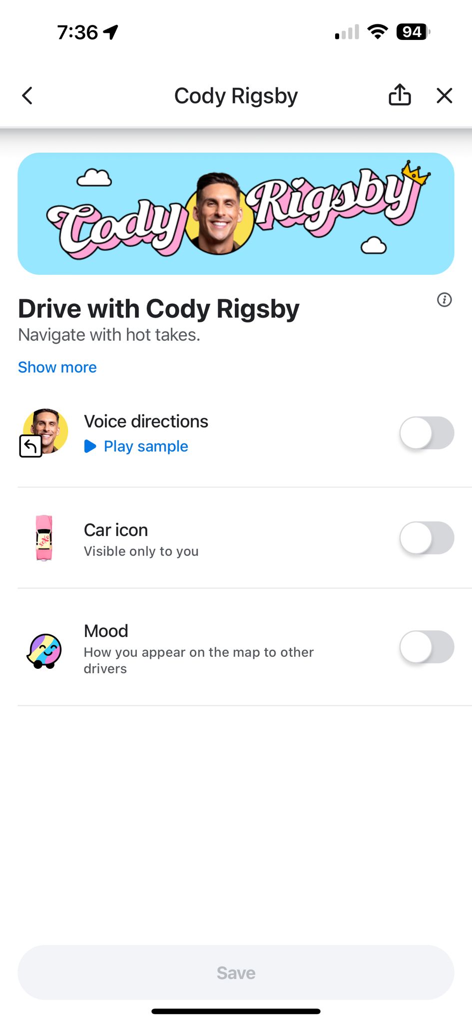 Waze app showing Cody Rigsby narration settings with a special car icon and mood.