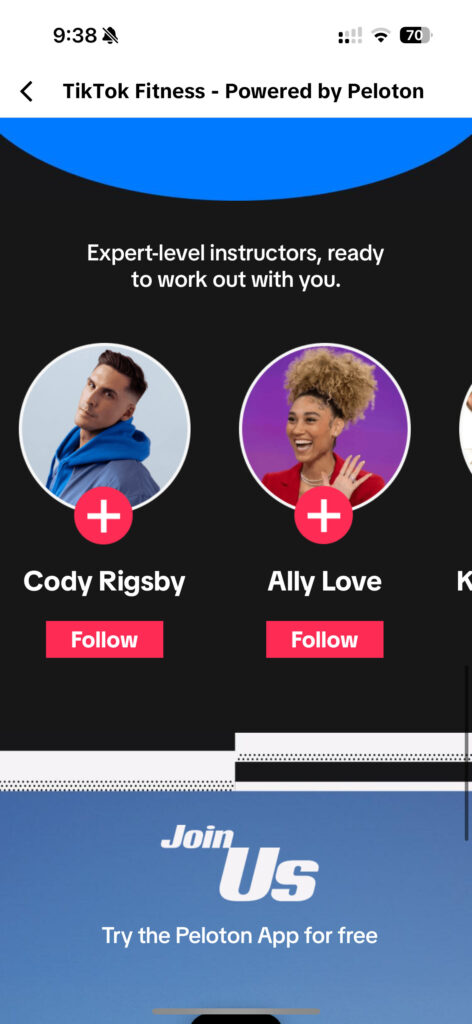 New Peloton x TikTok fitness hub in the TikTok app.