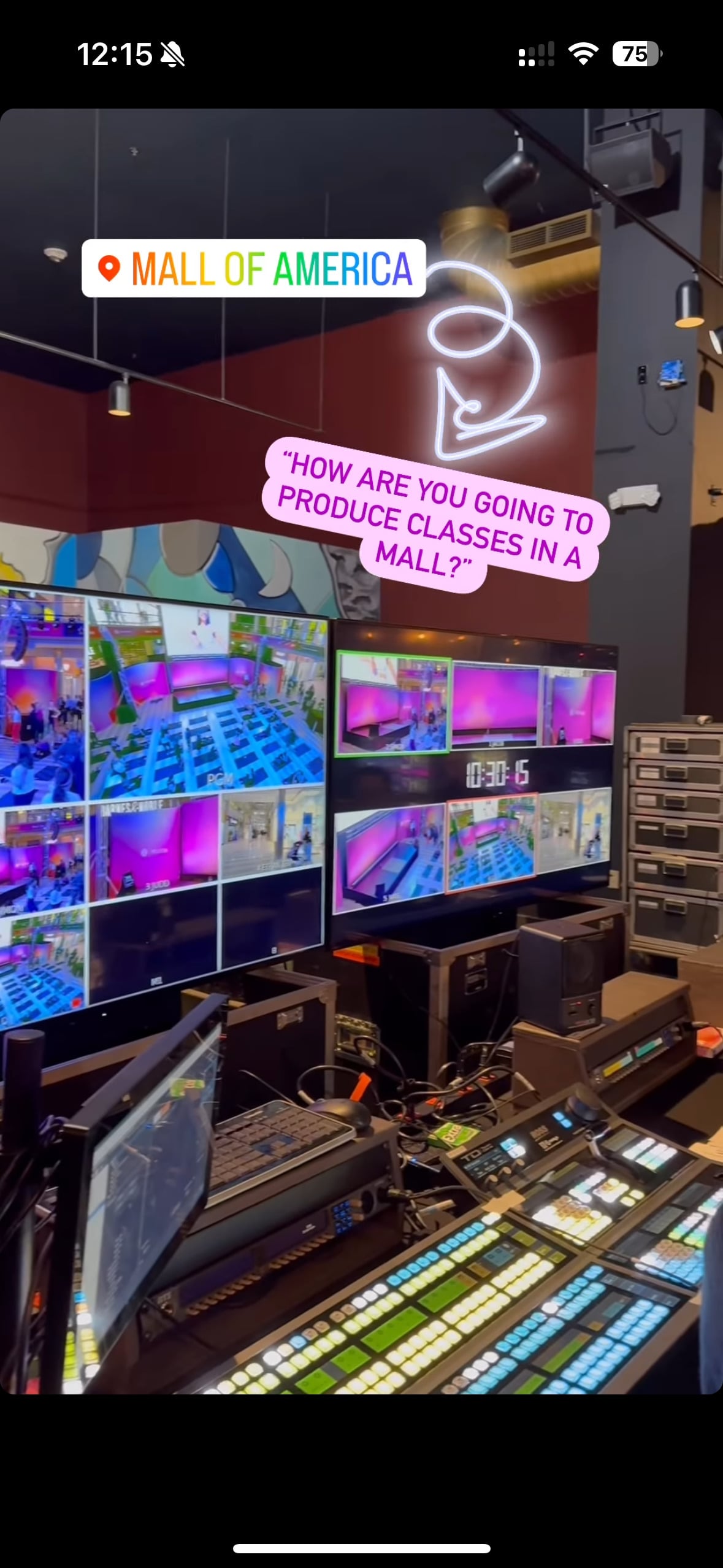 @PelotonStudios Instagram Story showing behind the scenes of Mall of America class production.