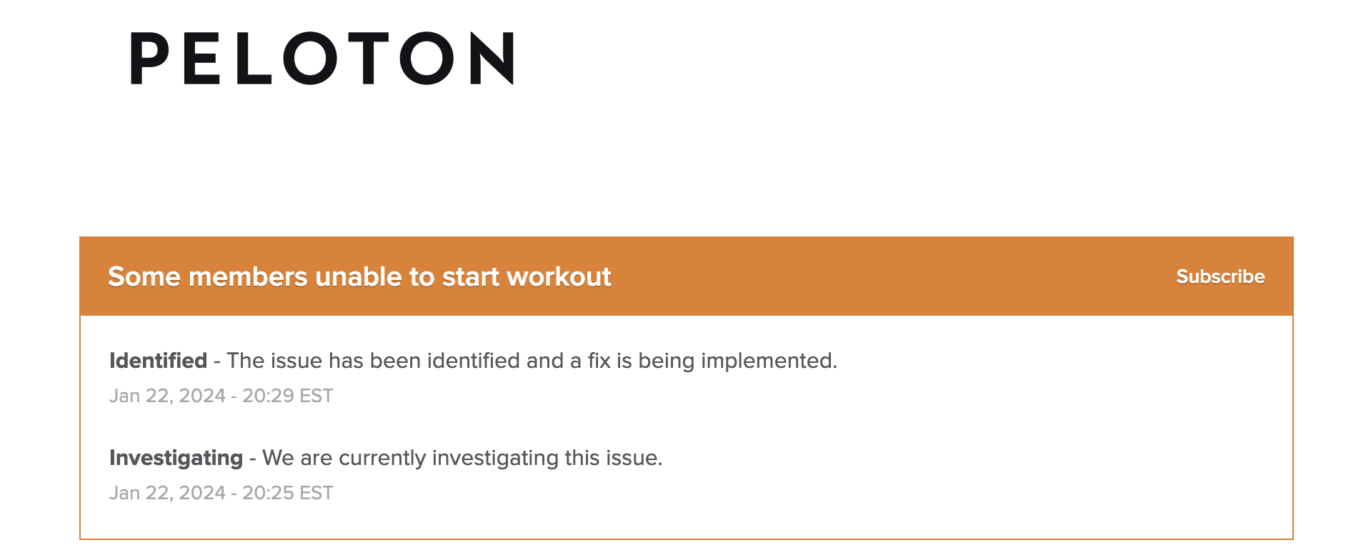 Peloton outage message on Jan 22, 2024.
