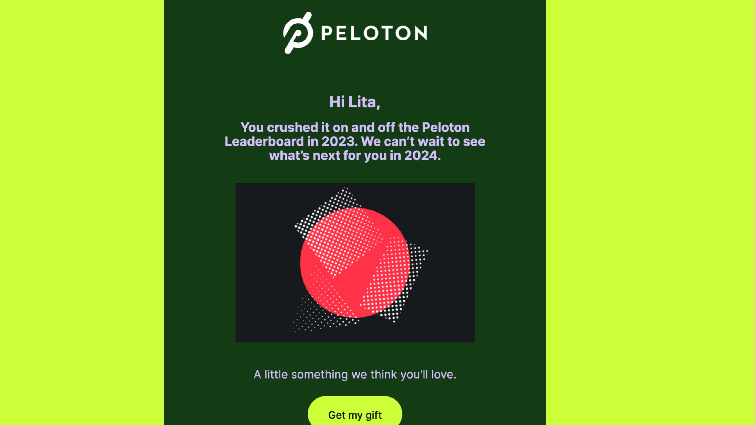 Peloton email informing members that a gift is on the way.
