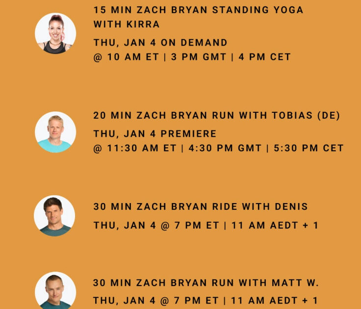 Peloton's Zach Bryan artist series class list. Image credit Peloton social media.