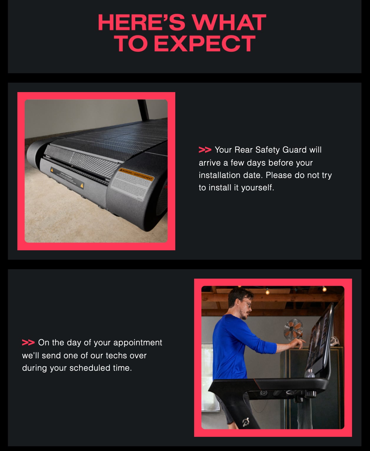 Email sent from Peloton to current Tread+ owners regarding rear guard installation.