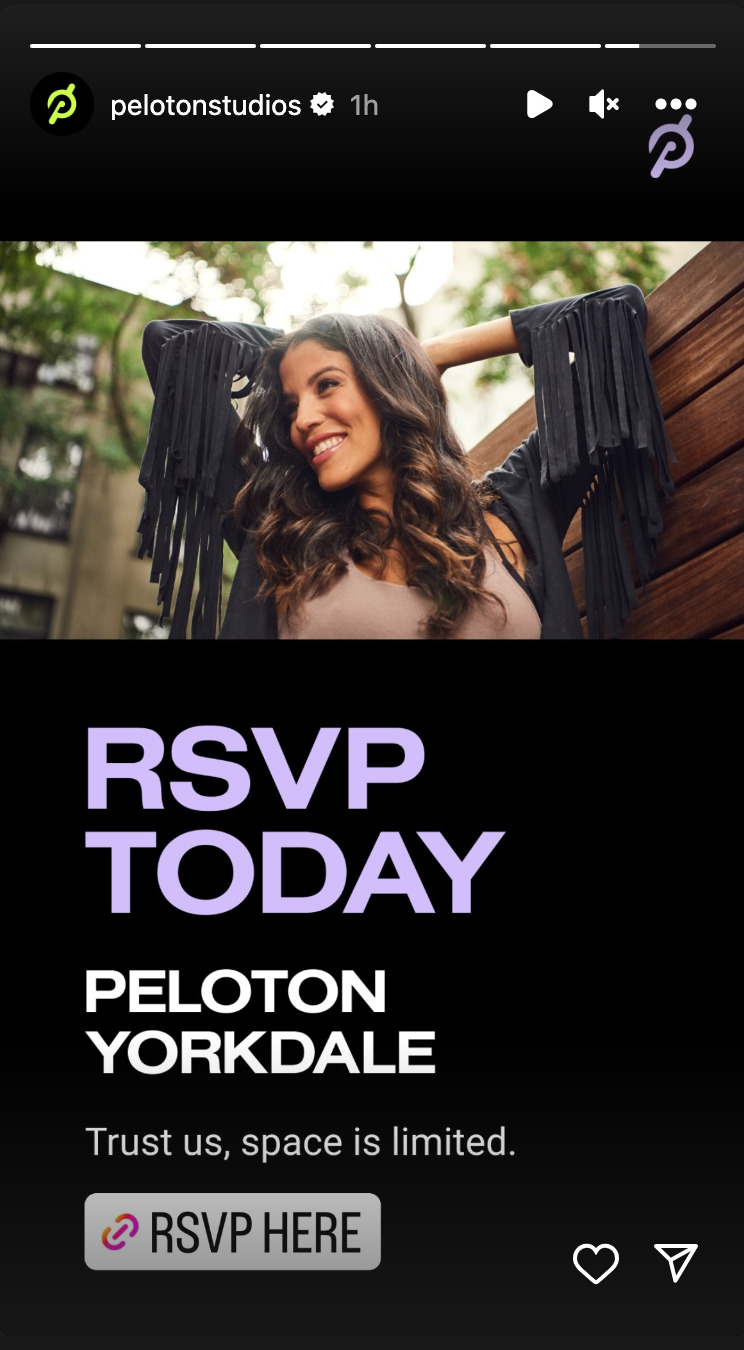 @PelotonStudios Instagram Story announcing meet & greet in Toronto with Hannah Corbin.