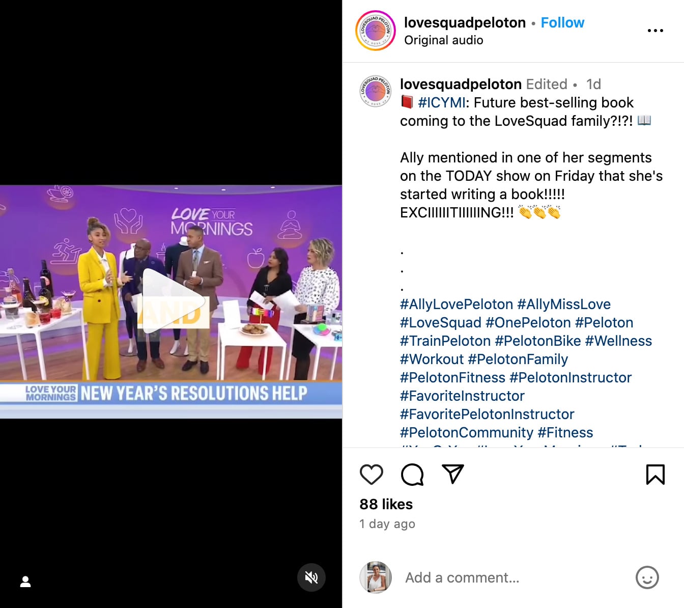 @LoveSquadPeloton Instagram post about Ally writing a book.