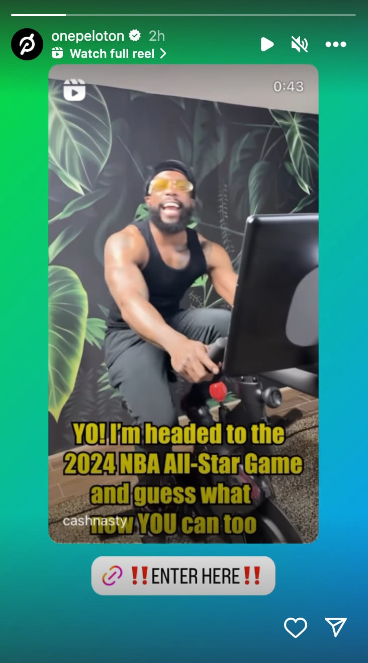 Instagram Reel from @CashNasty announcing Peloton contest.