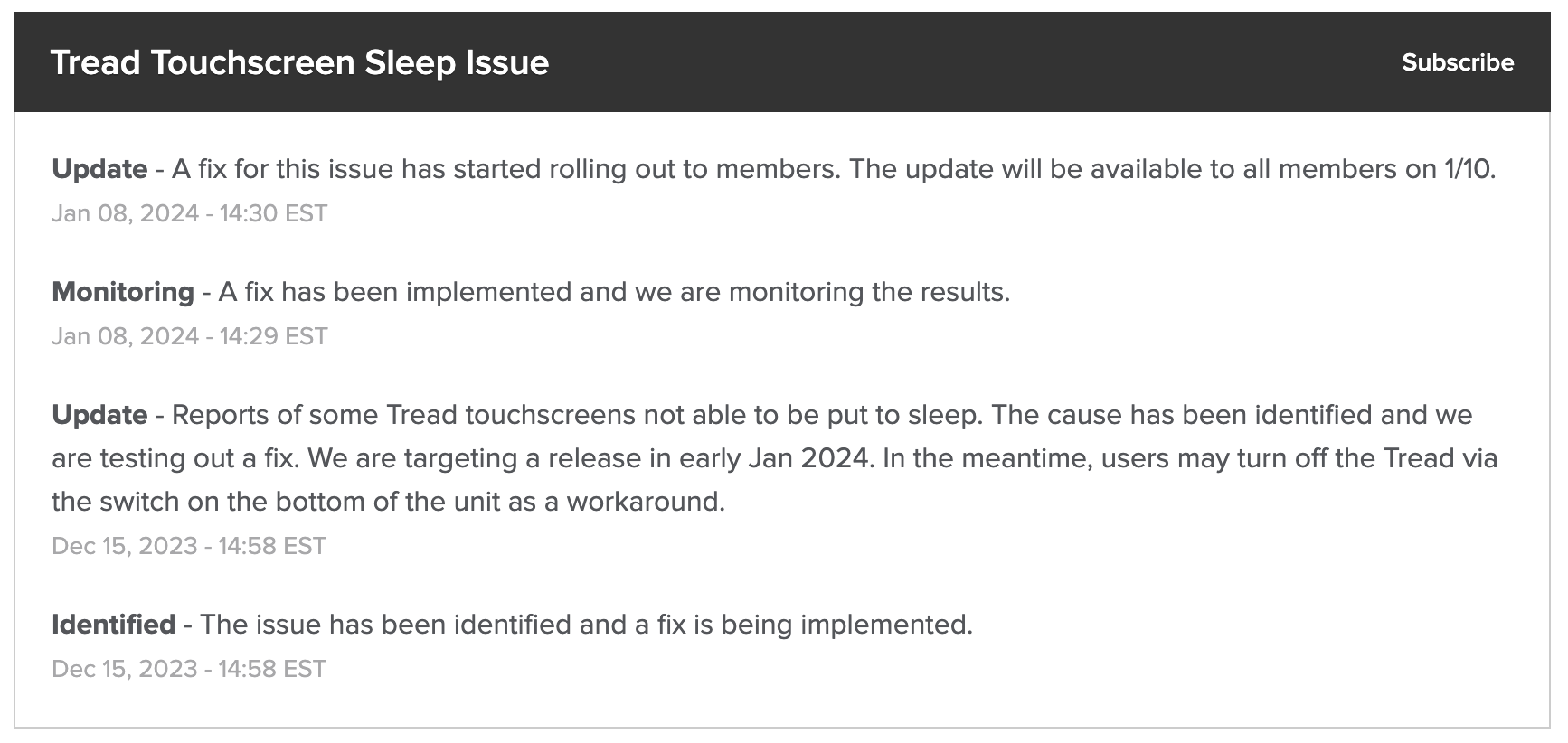 Peloton Status Page update on Tread touchscreen sleep issue.
