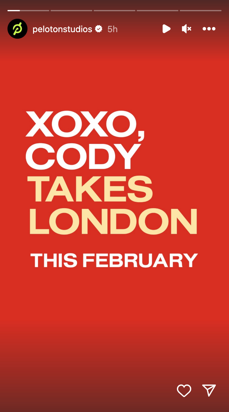 @PelotonStudios Instagram Story announcing Cody Rigsby classes from London.