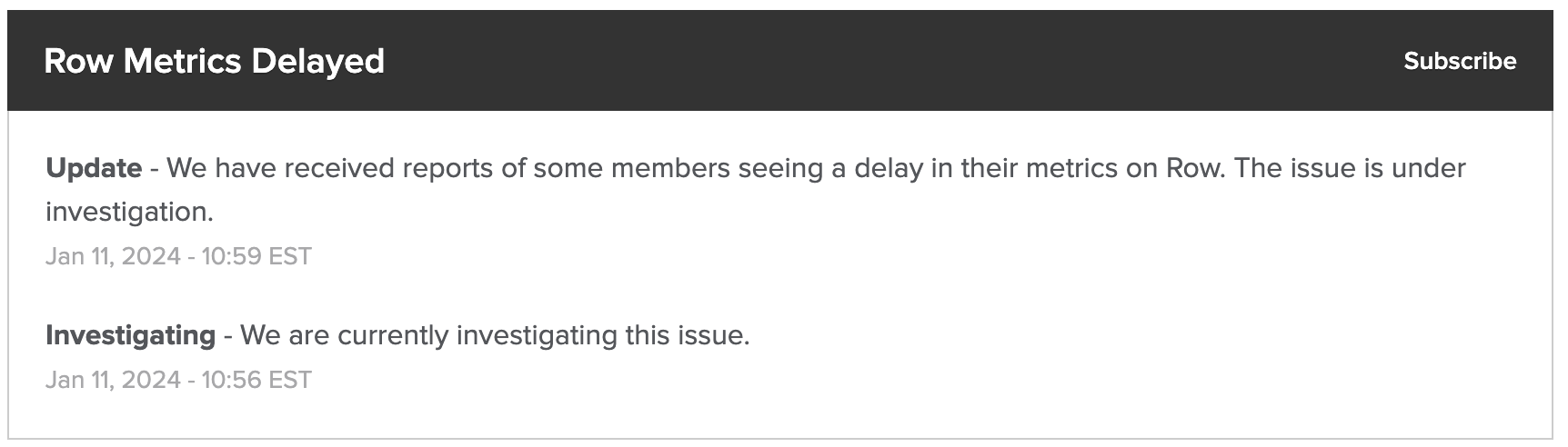Peloton Status Channel Row Metrics Incident Report