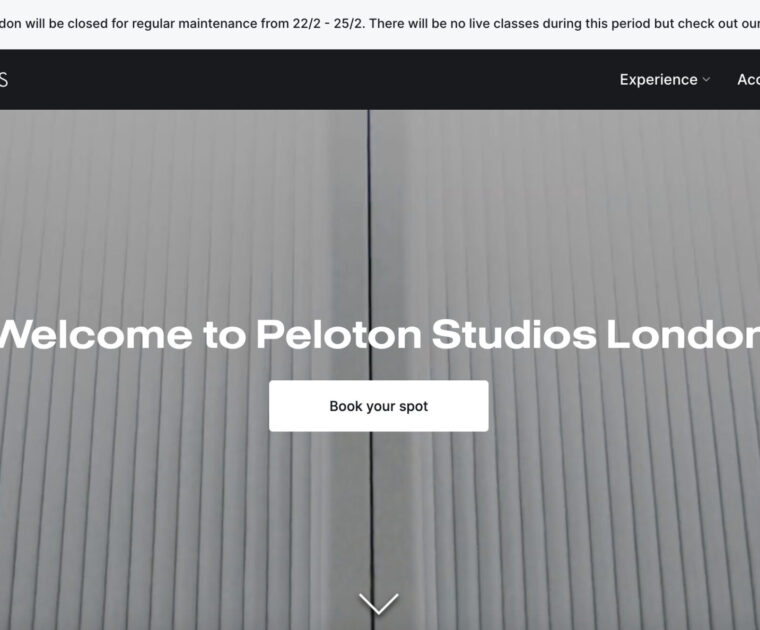 Peloton Studios London booking site with alert message about upcoming studio closure.