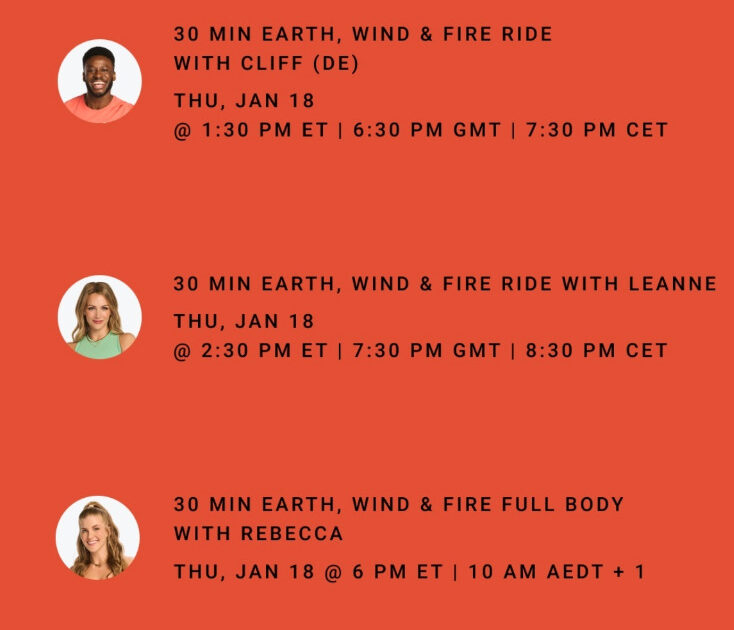 Peloton's Earth, Wind & Fire class list. Image credit Peloton social media.