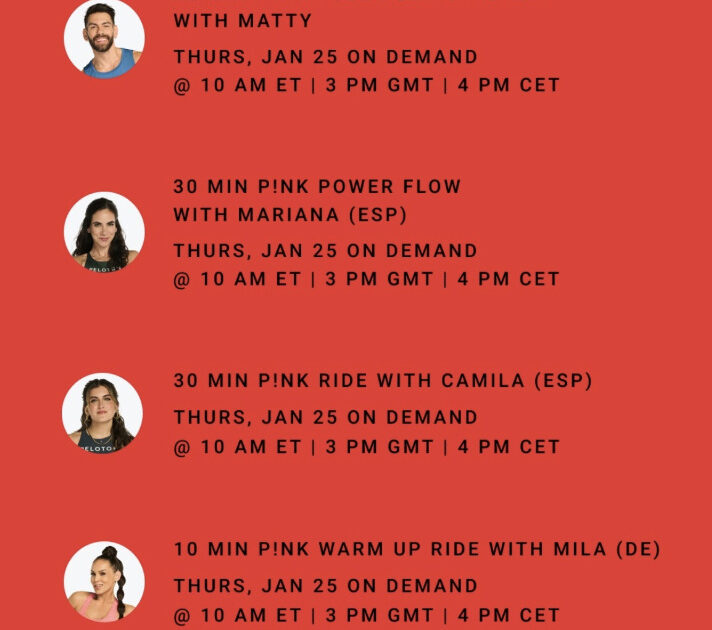 Peloton P!nk class list. Image credit Peloton social media.