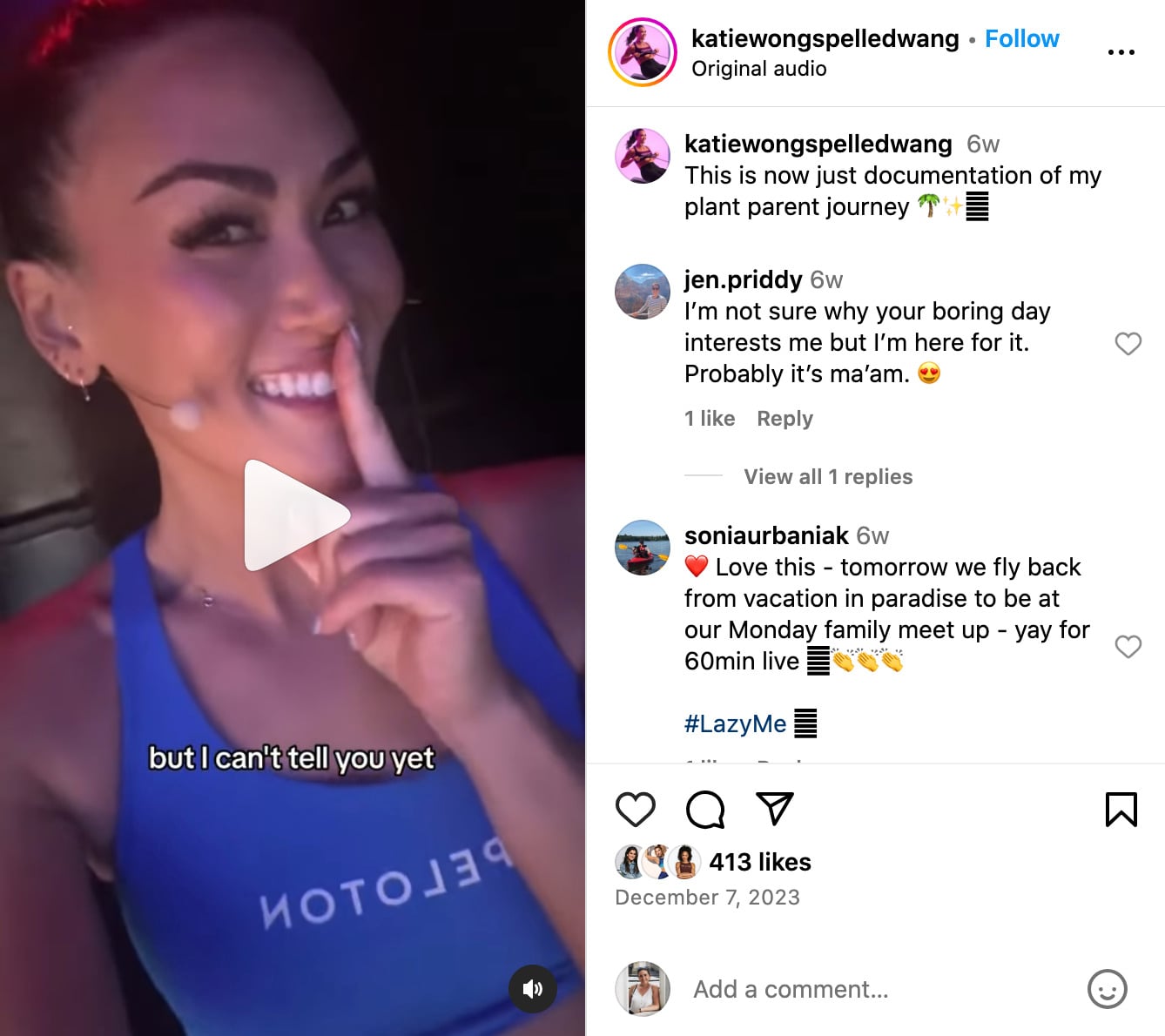 Katie Wang's Instagram post from December 2023 hinting at "special project."