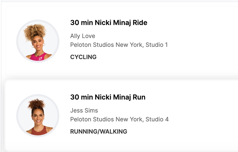 Peloton Nicki Minaj classes on studio booking site.