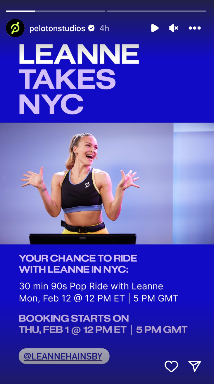 @PelotonStudios Instagram Story announcing Leanne's class at PSNY. Image credit Peloton social media.
