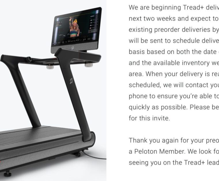 Image of Tread+ next to screenshot of update email from Peloton about Tread+ delivery dates.
