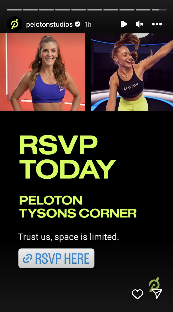 @PelotonStudios Instagram Story announcing meet & greet with Rebecca & Jess.