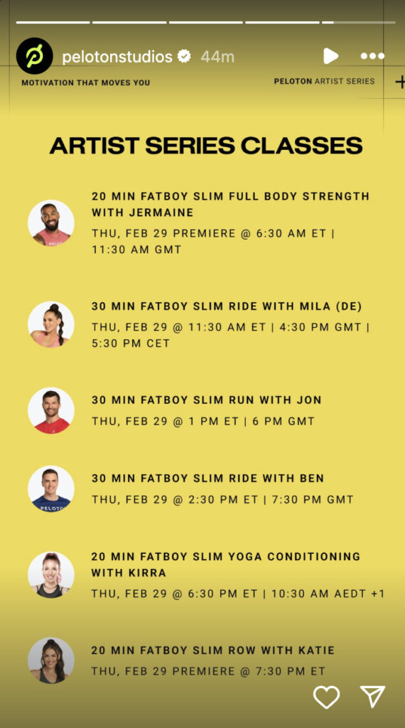 Peloton Fatboy Slim classes. Image credit Peloton social media.