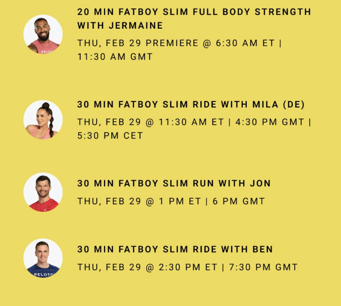 Peloton Fatboy Slim classes. Image credit Peloton social media.