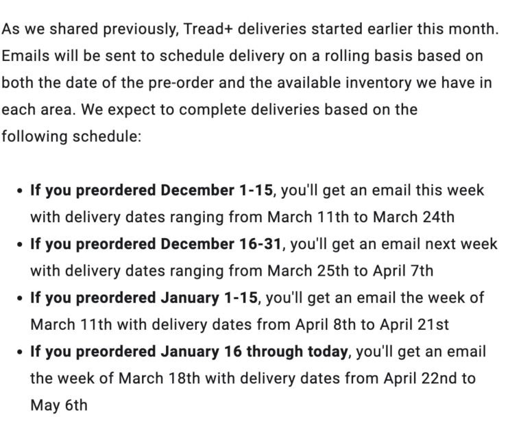 Peloton email sent to Tread+ purchasers on February 22, 2024