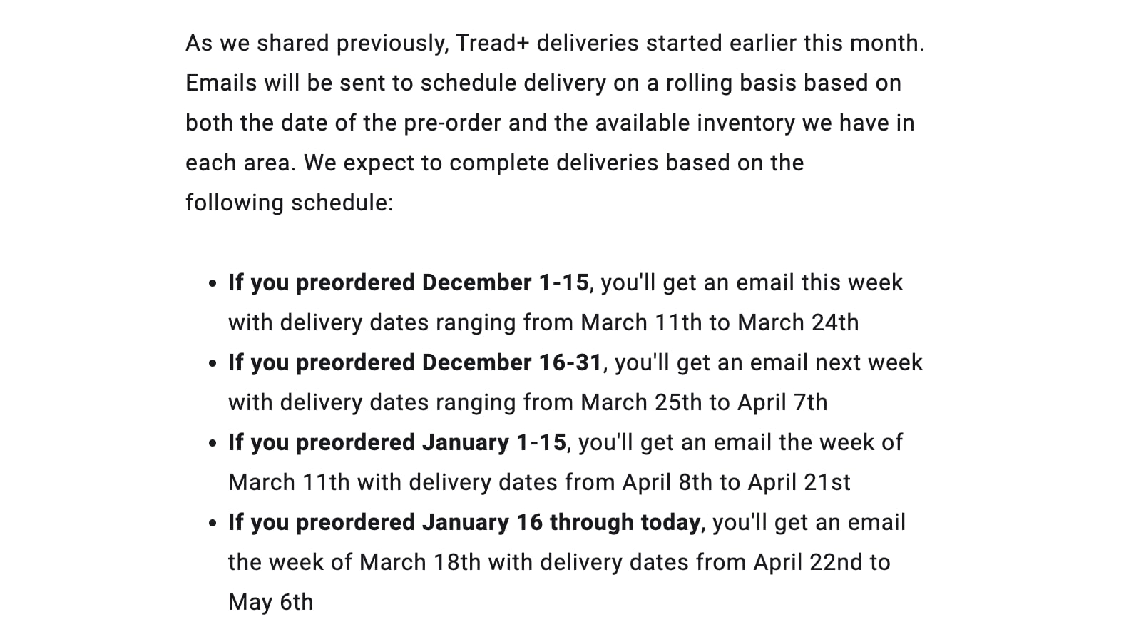 Peloton email sent to Tread+ purchasers on February 22, 2024