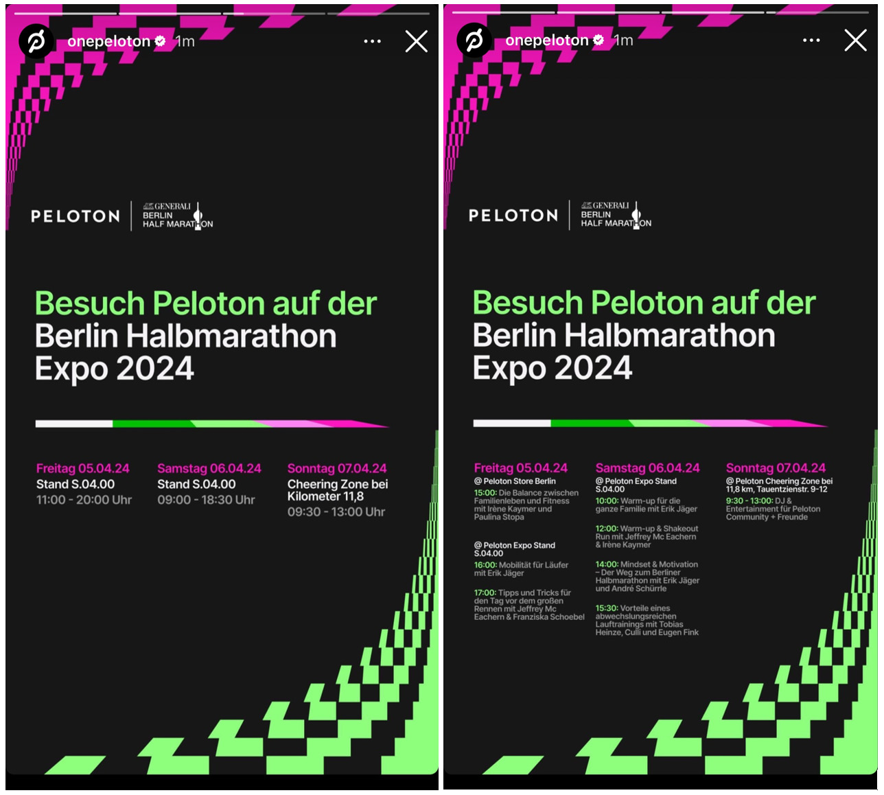 Peloton’s announcement on Instagram of upcoming Berlin Half Marathon Expo events