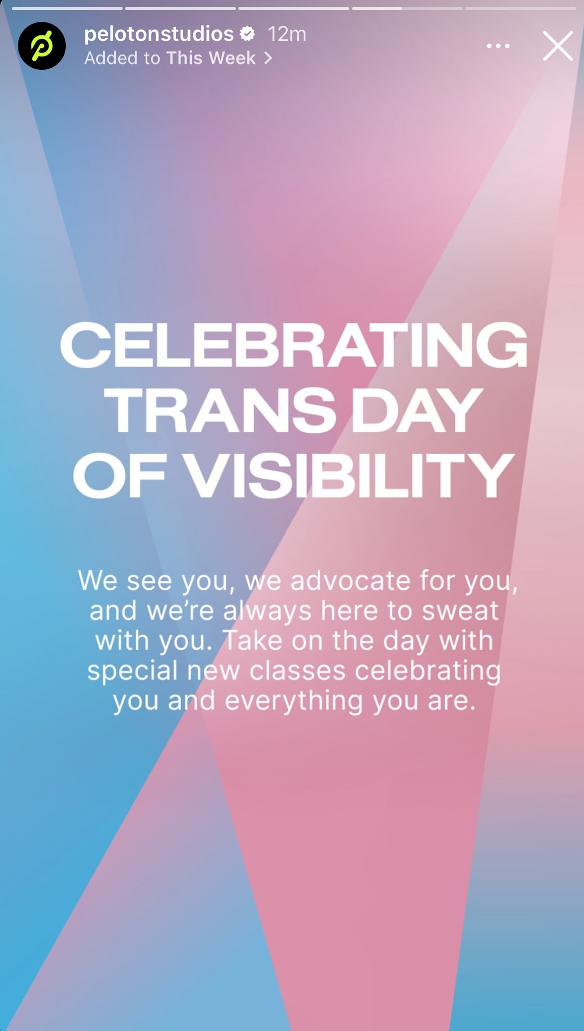 Peloton Studios Instagram story announcing Trans Day of Visibility classes
