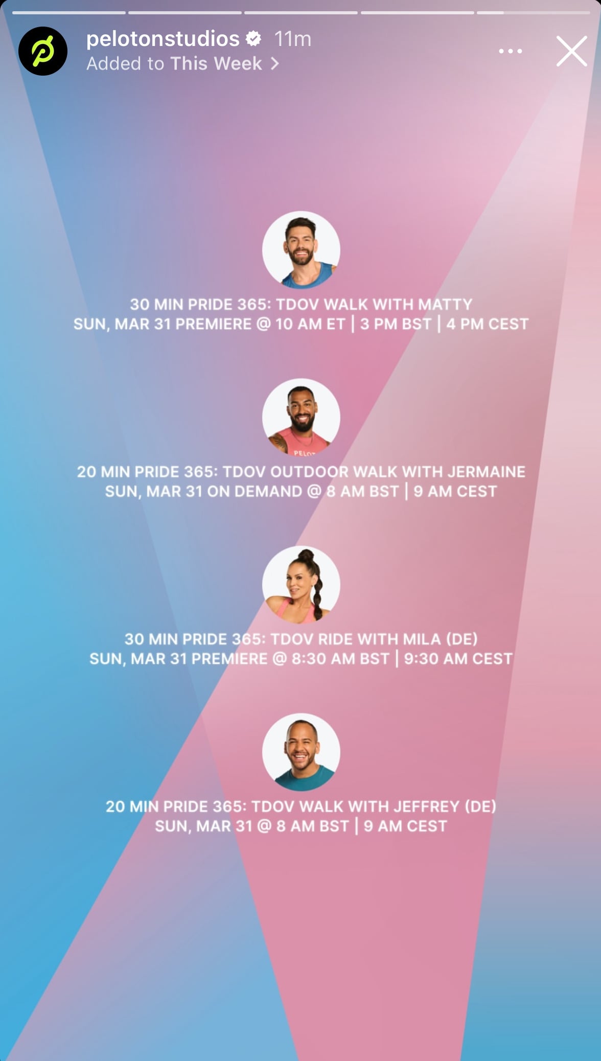 Peloton Studios Instagram story with full 2024 TDOV class list