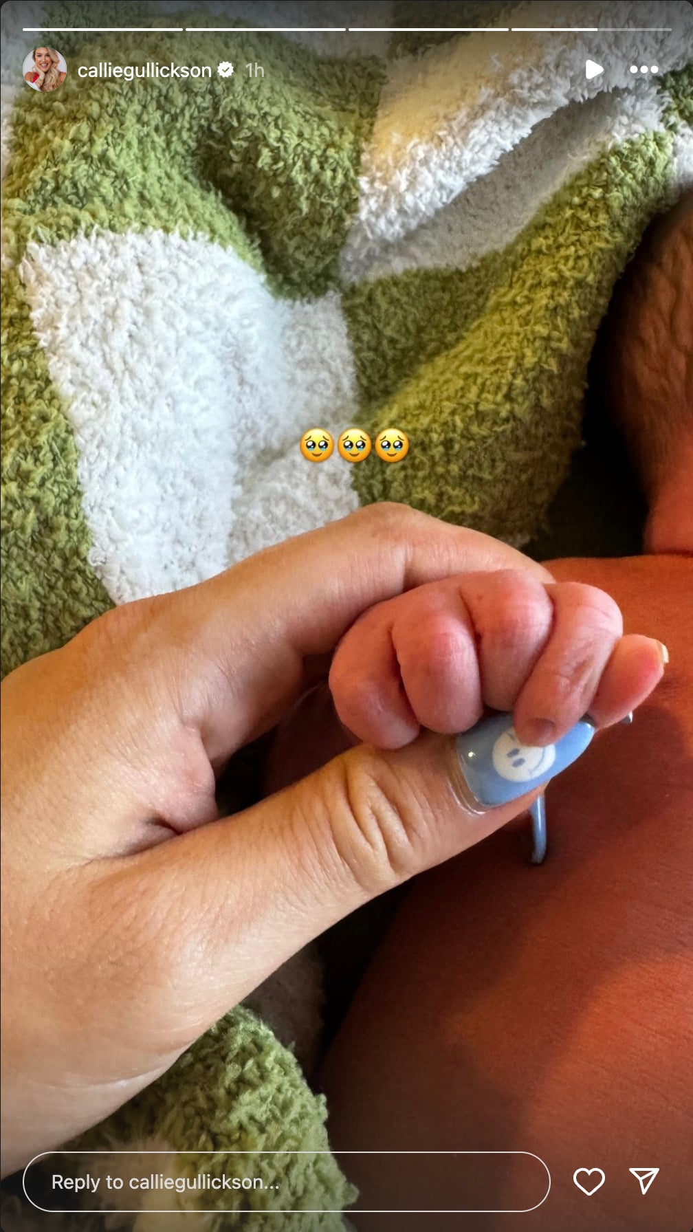 Callie Gullickson's Instagram story, holding baby's hand