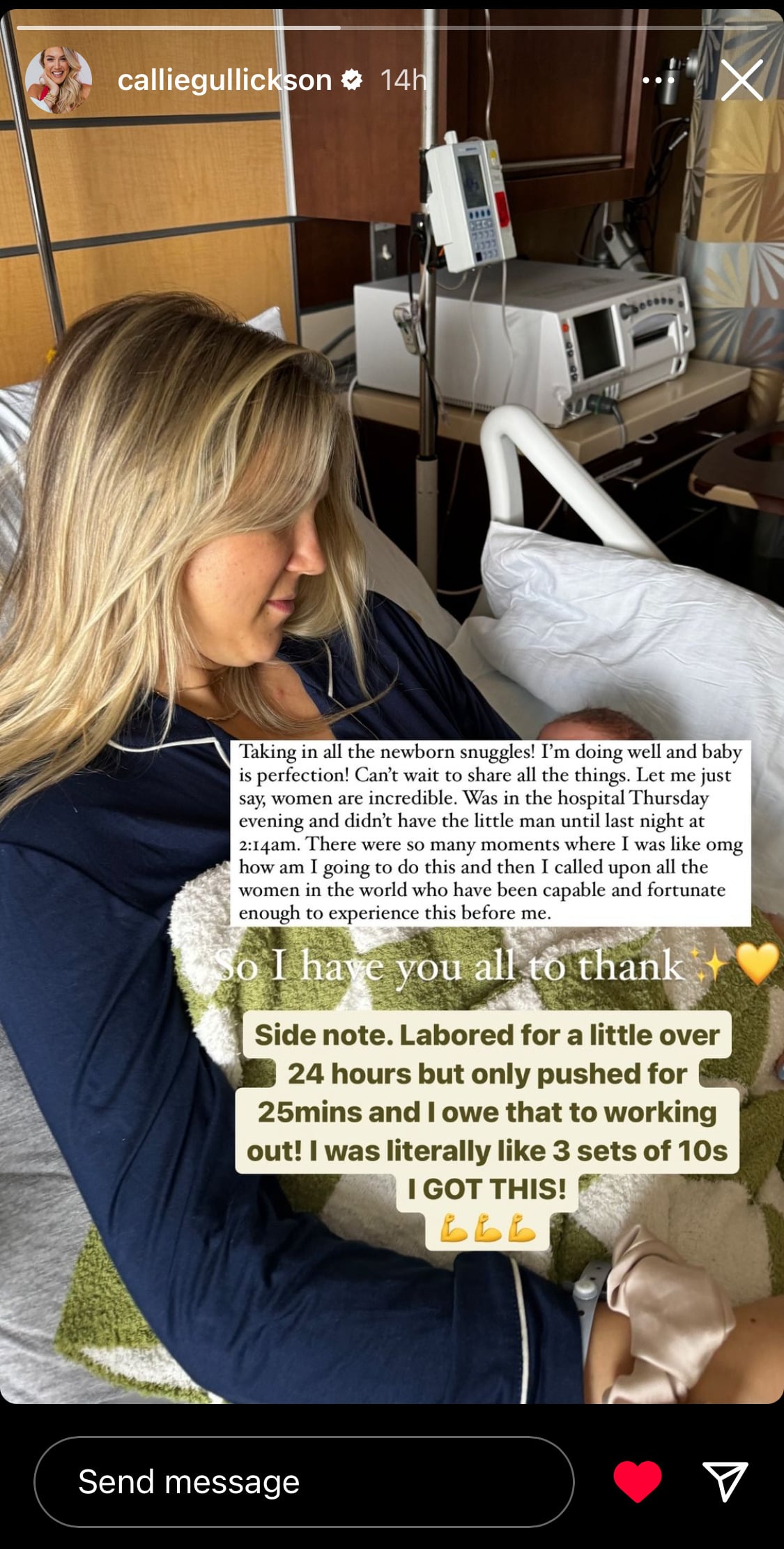 Callie Gullickson's Instagram story sharing labor and delivery update