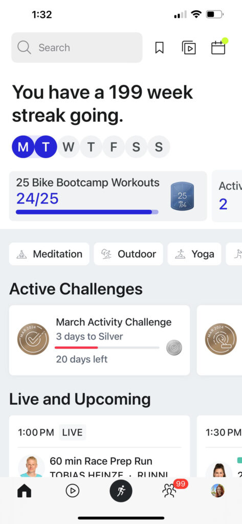Peloton app showing new milestone alert.