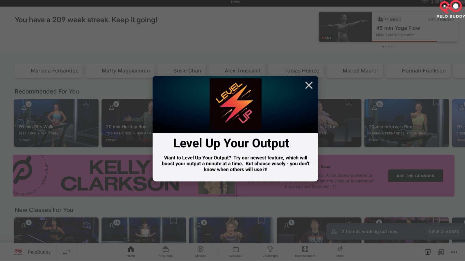 Screenshot of Peloton's new "Level Up" feature alert on Peloton Tread.