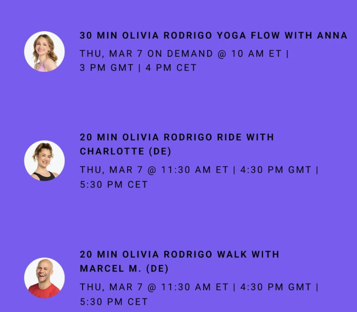 Olivia Rodrigo Peloton classes. Image credit Peloton social media.