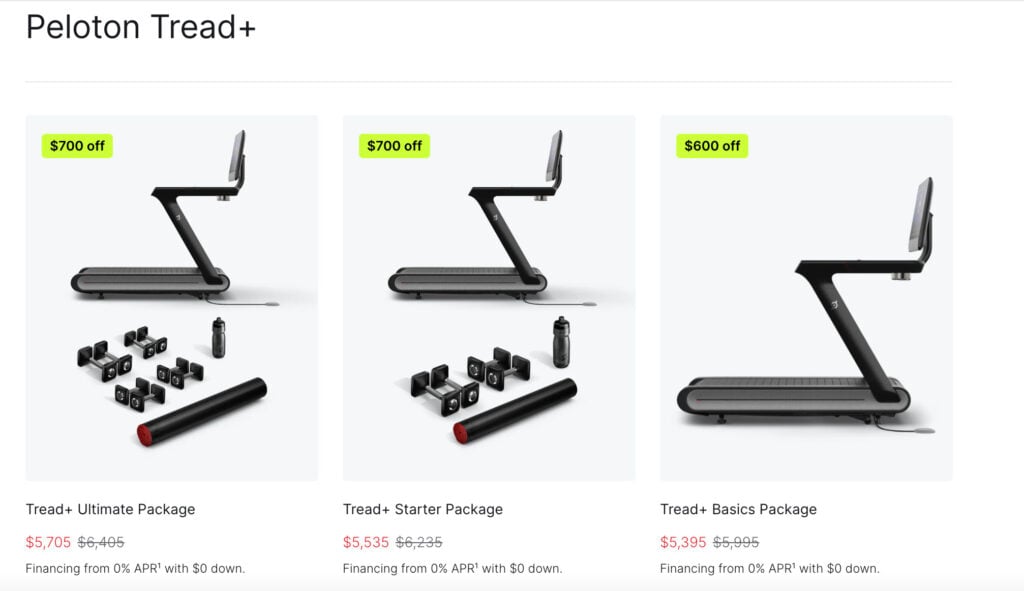 Peloton Deals website showing Tread+ discounts.