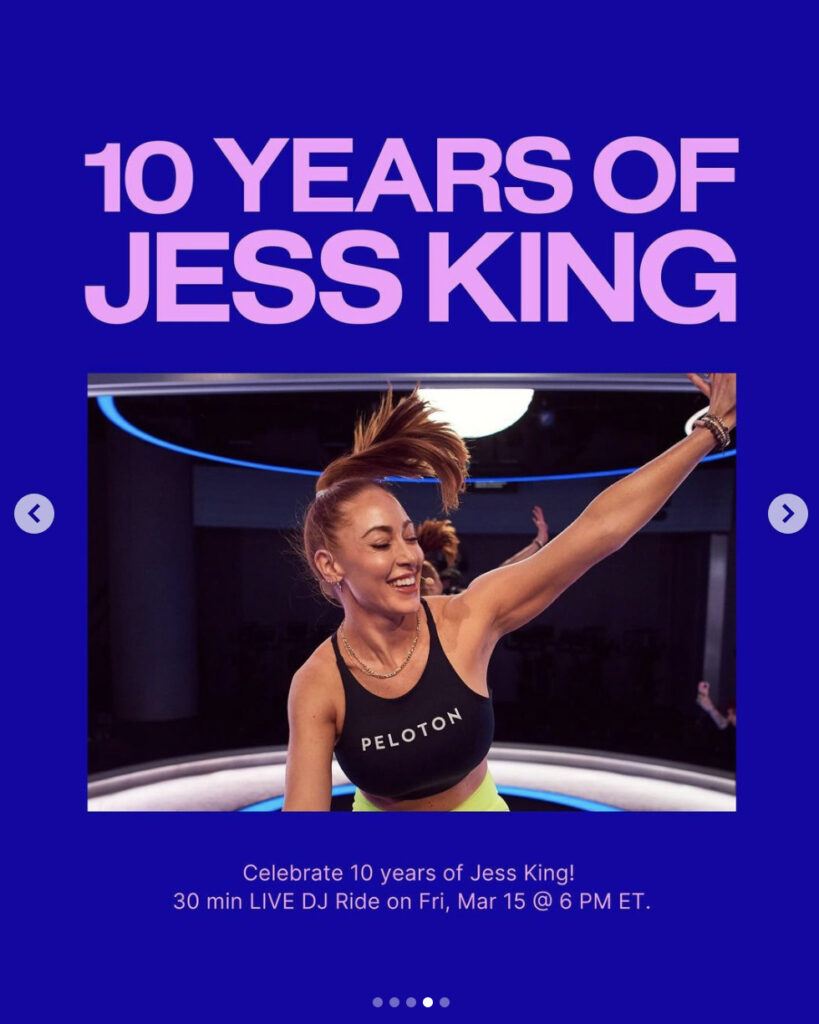 Peloton’s “This Week at Peloton” Instagram post highlighting Jess King anniversary ride. Image credit Peloton social media.