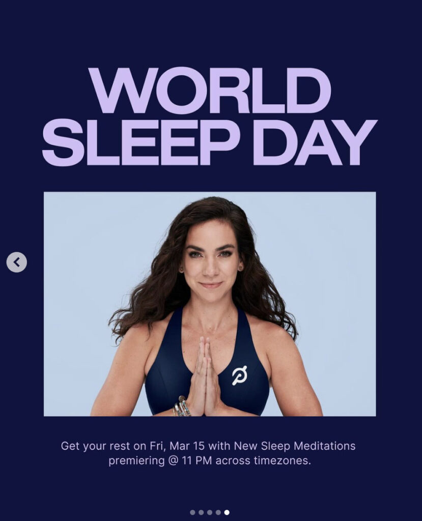 Peloton’s “This Week at Peloton” Instagram post highlighting World Sleep Day meditations. Image credit Peloton social media.
