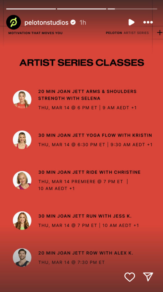 Peloton Joan Jett classes. Image credit Peloton social media.