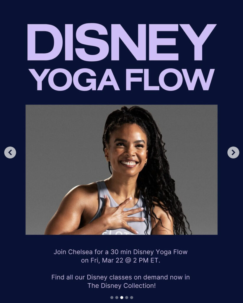 Peloton’s “This Week at Peloton” Instagram post highlighting Disney yoga flow. Image credit Peloton social media.
