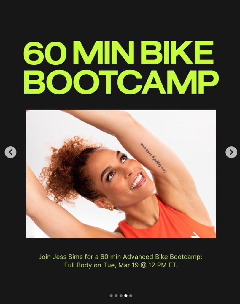 Peloton’s “This Week at Peloton” Instagram post highlighting 60 min. Advanced Bike Bootcamp. Image credit Peloton social media.