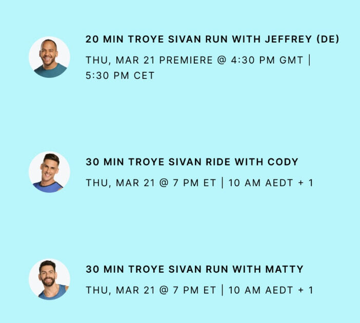 Peloton's Troye Sivan artist series class list. Image credit Peloton social media.