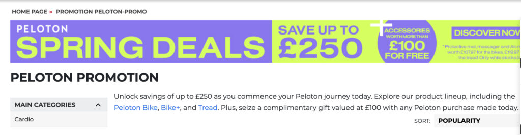 Peloton Spring Deals page on Powerhouse Fitness website.