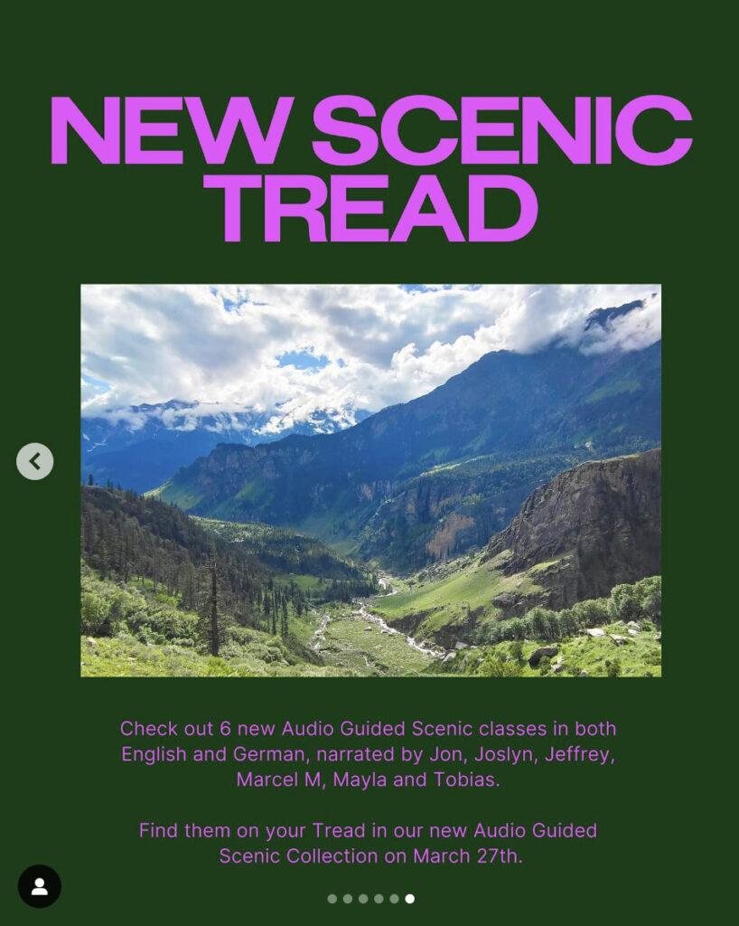 Peloton’s “This Week at Peloton” Instagram post highlighting new Tread scenic content. Image credit Peloton social media.