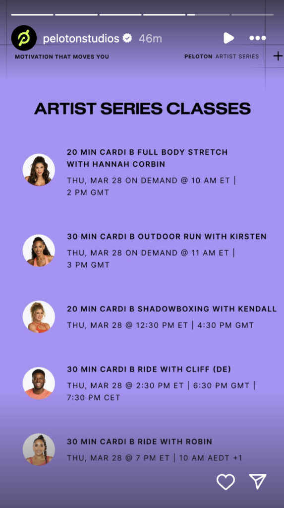 Peloton Cardi B Classes. Image credit Peloton social media.