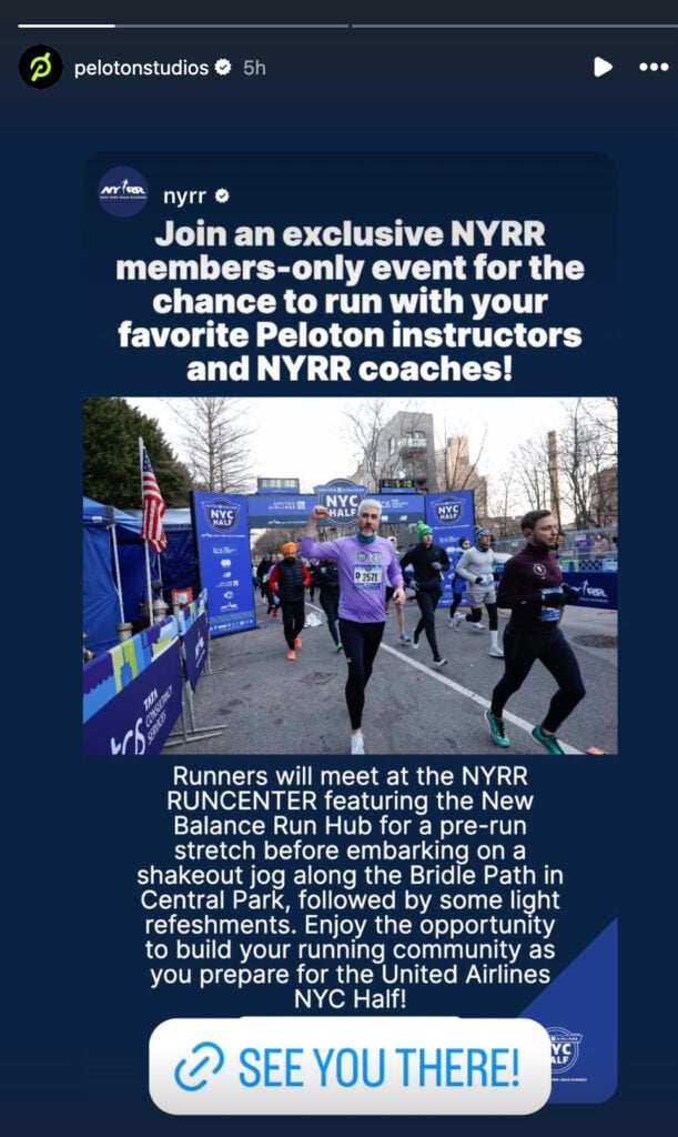 @PelotonStudios Instagram Story announcing NYC outdoor run event. Image credit Peloton social media.