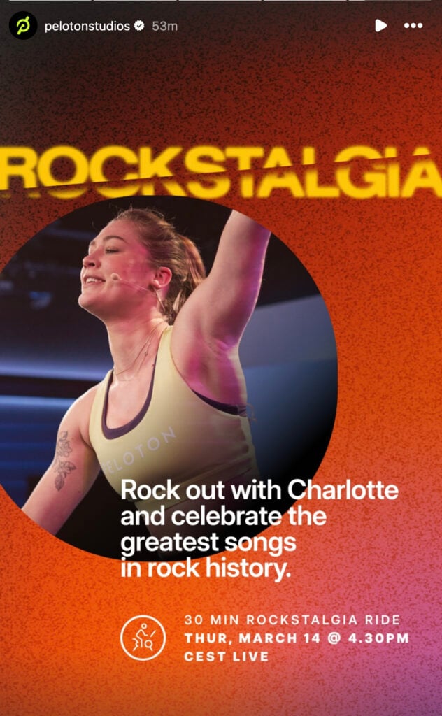 @PelotonStudios Instagram Story about Rockstalgia series. Image credit Peloton social media.