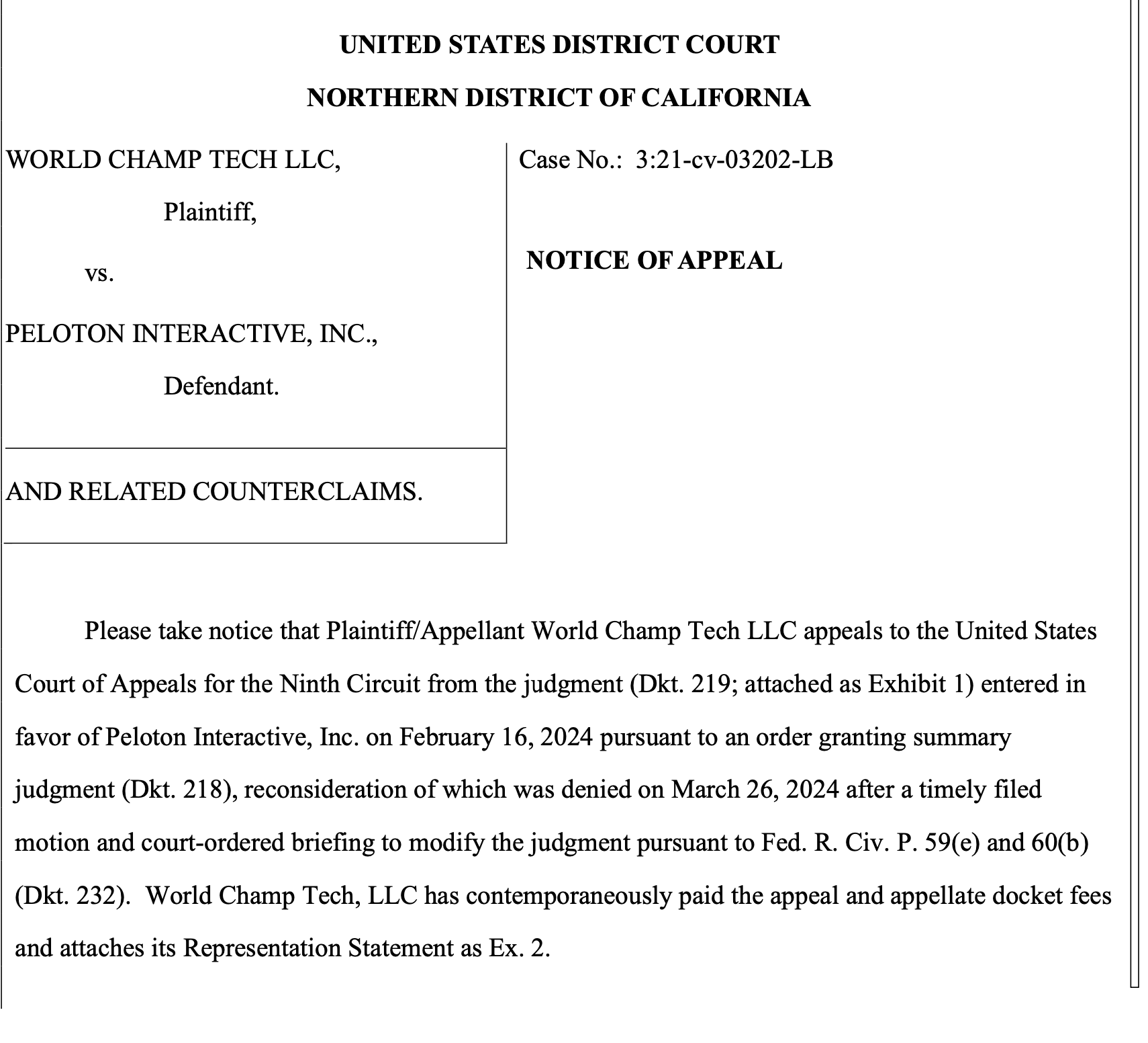 World Champ Tech appeal of judge's ruling in favor of Peloton Bike+ trademark case