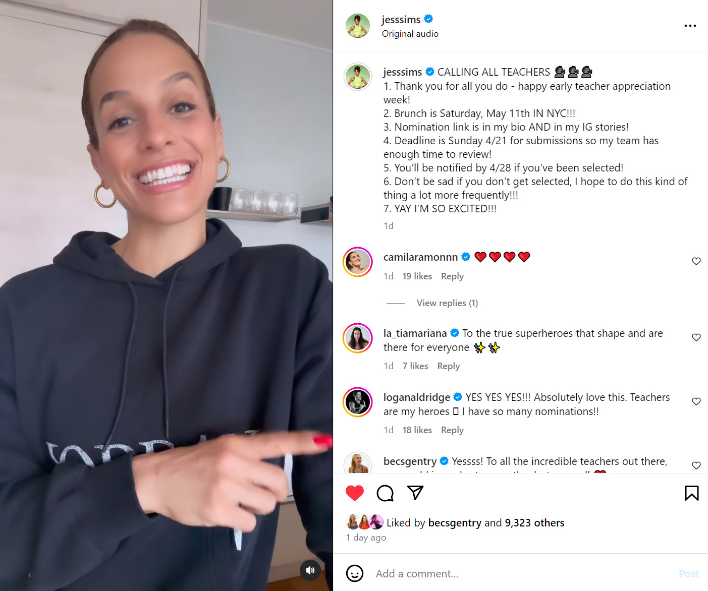 Jess Sims’s Instagram post announcing nominations for Teacher Appreciation brunch hosted in NYC on May 11.