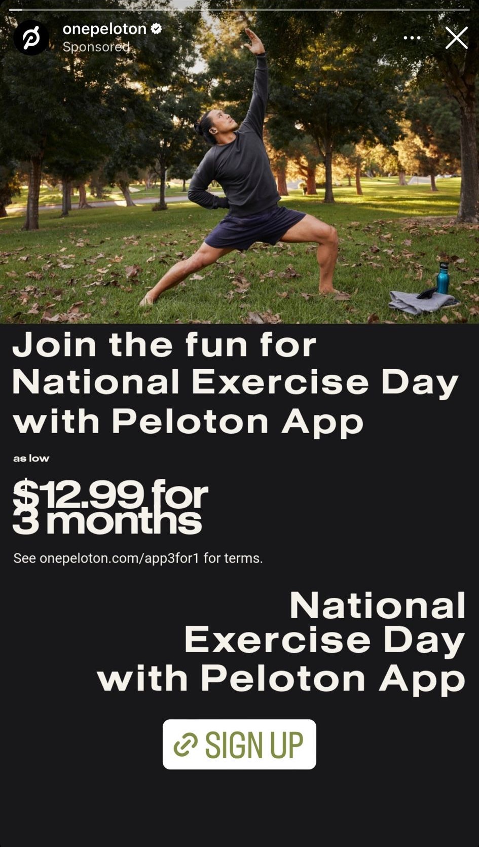 Peloton Instagram ad promoting limited-time offer, 3 month app membership for the price of 1
