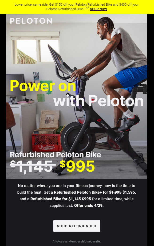 Peloton email announcing sale on refurbished Bike/Bike+ through April 29